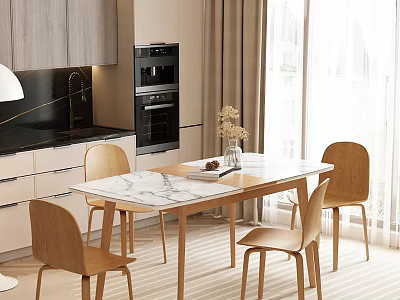 Modern Minimalist Dining Table Set With Wooden Chairs And Marble Tabletop In Kitchen Interior 3d model
