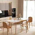 Modern Minimalist Dining Table Set With Wooden Chairs And Marble Tabletop In Kitchen Interior