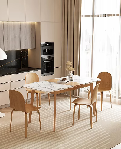 Modern Minimalist Dining Table Set With Wooden Chairs And Marble Tabletop In Kitchen Interior 3d model