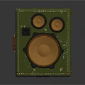 Vintage Green Square Electronic Device With Worn Out Appearance And Orange Circular Speakers