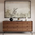 Modern Wooden Sideboard With Drawers Decorative Vase Ornaments And Abstract Wall Art In Living Room