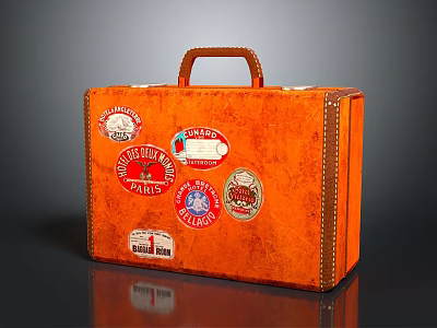 Vintage Orange Suitcase With Colorful Travel Stickers And Leather Handle 3d model