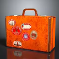 Vintage Orange Suitcase With Colorful Travel Stickers And Leather Handle