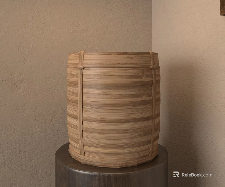 Bamboo Tea Steamer With Striped Design Placed On Wooden Table Against Beige Wall 3d model 