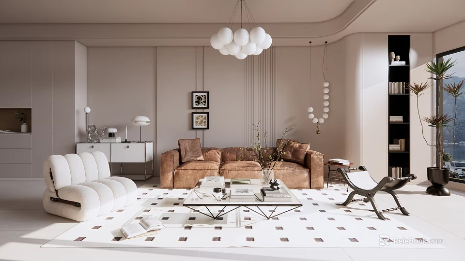 Elegant Modern Living Room Interior With Brown Sofa Glass Coffee Table And Chandelier 3d model 