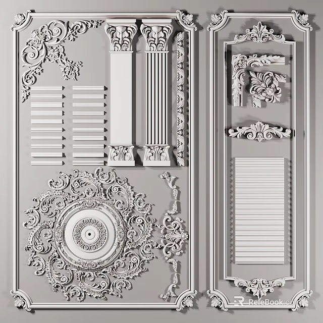Intricate Carved Decorative Ornaments For Wall Panels Ceiling Medallions And Columns 3d model 