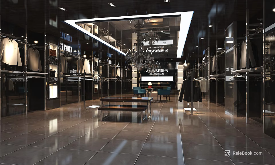 Modern Clothing Store Interior With Stylish Racks Trendy Clothes And Elegant Lighting 3d model 