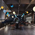 Modern Bar Interior With Hanging Planet Decorations Wine Racks And Seating Area