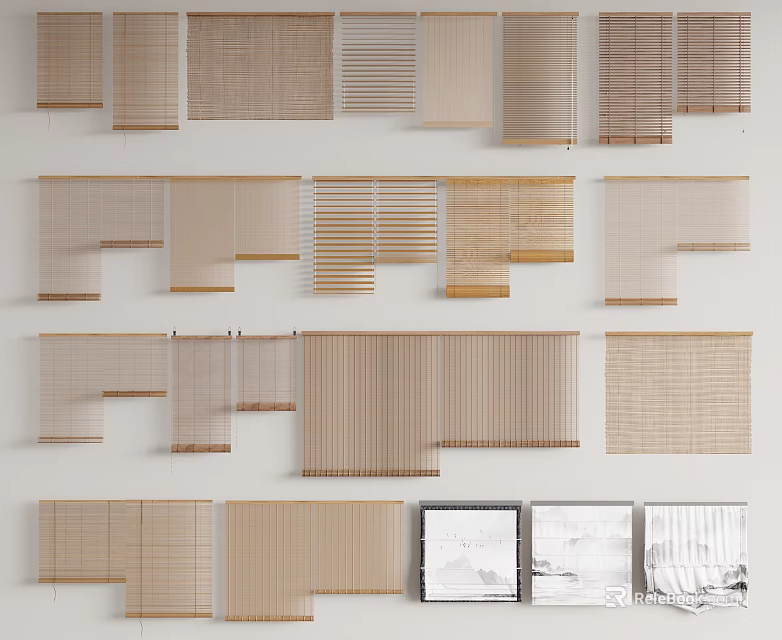 Multiple Types of Bamboo and Wooden Window Blinds in Various Designs for Home Interior Decoration 3d model 