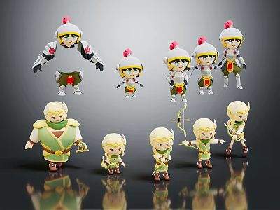 3D Cartoon Game Film Character Models Warrior Archer Different Poses Green White Outfits Red Hats 3d model