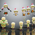 3D Cartoon Game Film Character Models Warrior Archer Different Poses Green White Outfits Red Hats