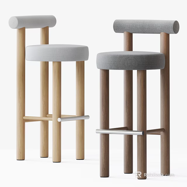 Modern Bar Stools with Wooden Legs and Upholstered Seats Light and Dark Color Options 3d model 