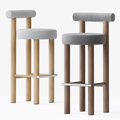 Modern Bar Stools with Wooden Legs and Upholstered Seats Light and Dark Color Options 3d model