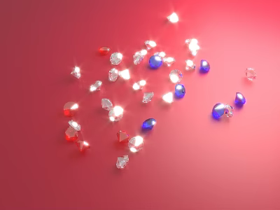 Sparkling Multicolored Gemstone Jewelry Pieces Scattered on Red Background with Shiny Crystals 3d model