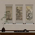 Traditional Chinese Landscape Scroll Paintings On Wall With Bamboo And Ceramic Vase