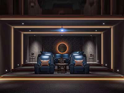 Modern Home Theater Room Interior With Blue Recliner Seats Circular Decor And Ambient Lighting 3d model
