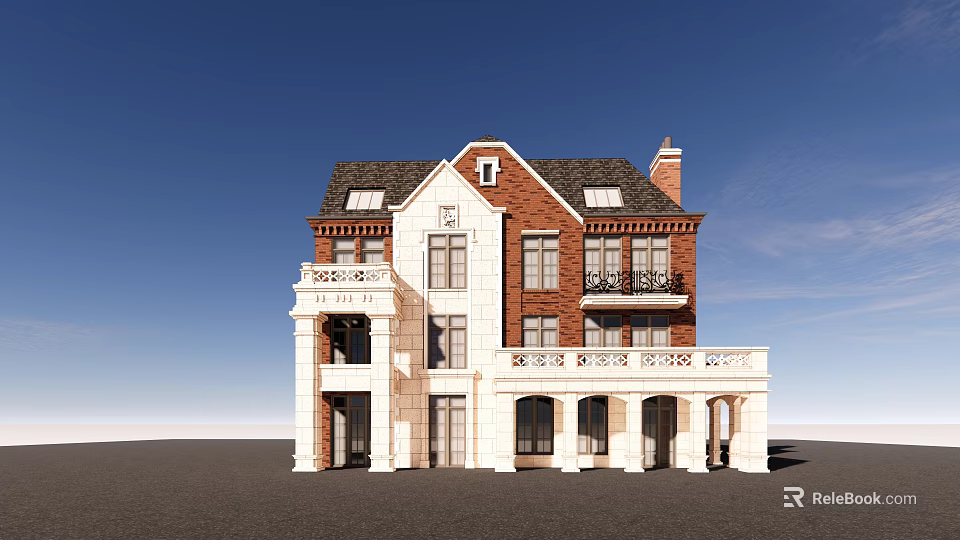Elegant Detached Villa With Red Brick Exterior White Trim And Black Roof 3d model 