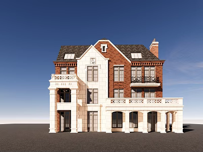 Elegant Detached Villa With Red Brick Exterior White Trim And Black Roof 3d model