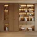 Modern Wooden Bookcase Design With LED Lighting Storage Baskets And Decorative Books
