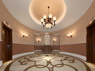 Luxurious Hotel Lobby With Circular Ceiling Chandelier Wall Sconces Arched Doorways And Decorative Floor Design 3d model