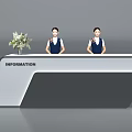Modern Information Reception Desk with Two Staff Members and Fresh Flower Arrangement