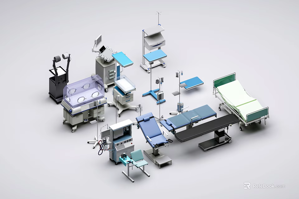 Professional Medical Equipment Featuring Surgical Beds Examination Tables Medical Carts and Monitoring Devices 3d model 
