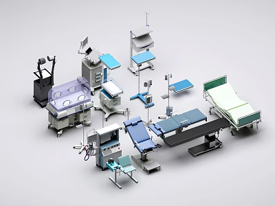 Professional Medical Equipment Featuring Surgical Beds Examination Tables Medical Carts and Monitoring Devices 3d model