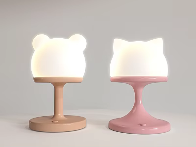 Cute Bear And Cat Shaped Table Lamps In Light Brown And Pink For Kids Bedroom 3d model