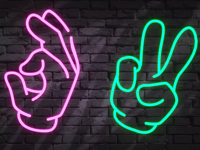 Neon Decorative Lights with Pink and Green Hand Gesture Shapes on Brick Wall 3d model