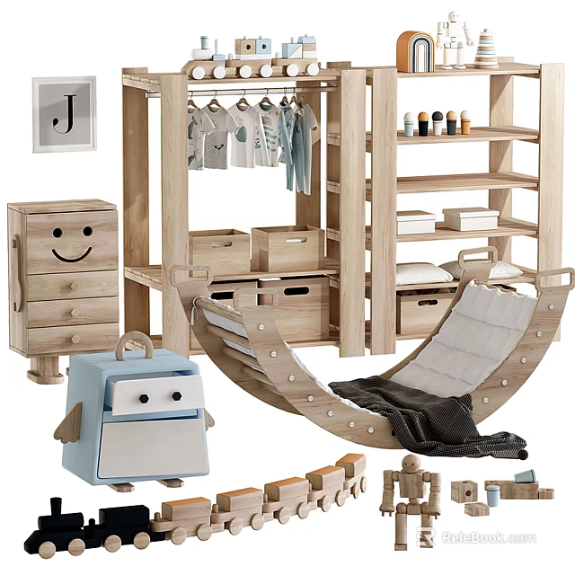 Cute Robot Shaped Doll In Kids Playroom With Wooden Wardrobe Hammock And Building Blocks 3d model 
