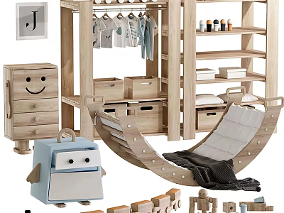 Cute Robot Shaped Doll In Kids Playroom With Wooden Wardrobe Hammock And Building Blocks 3d model
