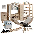 Cute Robot Shaped Doll In Kids Playroom With Wooden Wardrobe Hammock And Building Blocks