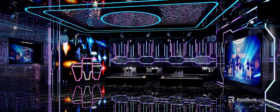 Modern KTV Lounge With Neon Lights Reflective Floor And Comfortable Sofas 3d model