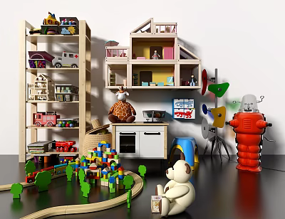 Colorful Building Blocks With Wooden Train Track And Toy Figures In Kids Playroom 3d model