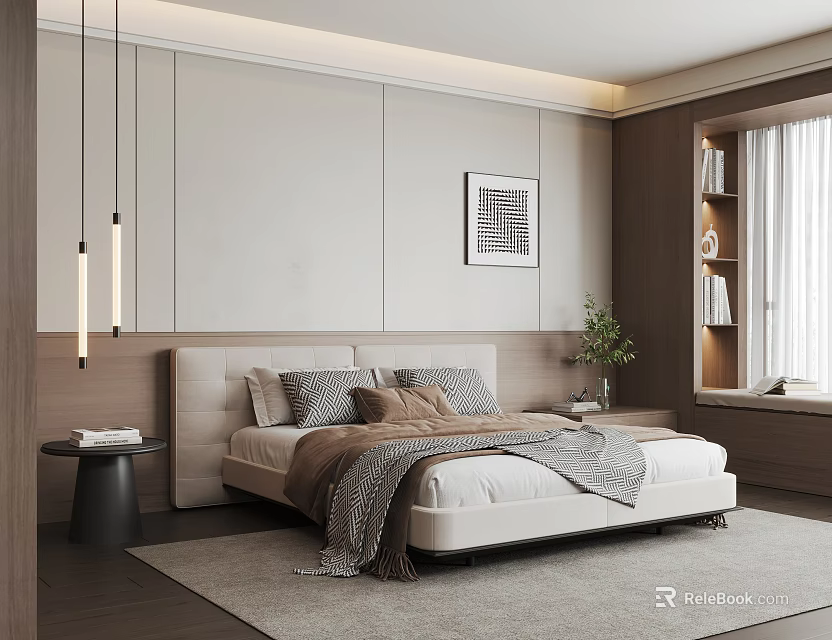 Modern Cozy Bedroom Interior With Upholstered Headboard Throw Pillows Pendant Lights And Wall Art 3d model 