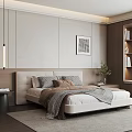 Modern Cozy Bedroom Interior With Upholstered Headboard Throw Pillows Pendant Lights And Wall Art