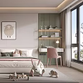 Modern Kids Bedroom With Bed Pillows Pink Desk Chair Shelves Sheep Painting And Toys
