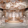 Elegant Ballroom Interior With Golden Chandeliers Wavy Walls Stage White Chairs And Floral Decor