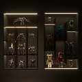 Decorative Ornament Display Collection With Colorful Bear Figurines And Robot Model Figures On Display Shelves