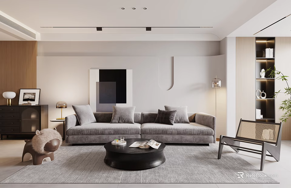 Modern Living Dining Room Interior With Gray Sofa Black Coffee Table And Floor Lamp 3d model 