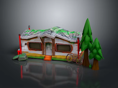 Wooden Cabin With Green Roof Pine Trees Nearby Bicycle Windows And Steps 3d model