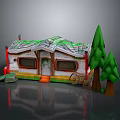 Wooden Cabin With Green Roof Pine Trees Nearby Bicycle Windows And Steps