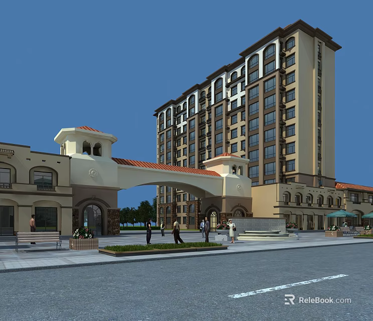 European Style Residential Building With Archway Entrance Large Windows And Pedestrians Nearby 3d model 