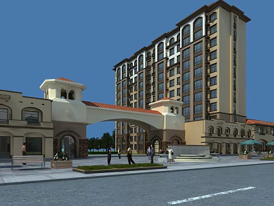 European Style Residential Building With Archway Entrance Large Windows And Pedestrians Nearby 3d model