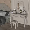 Elegant White Dressing Table With Mirror Drawers And Stool In Tufted Headboard Bedroom