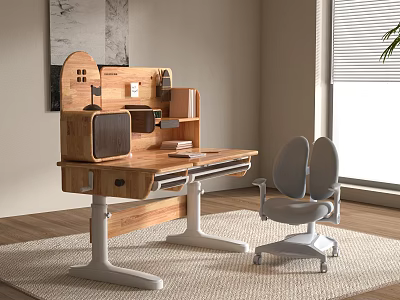 Wooden Desk with Adjustable Height Legs Shelves Storage Compartments and Matching Chair in Modern Interior 3d model