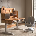 Wooden Desk with Adjustable Height Legs Shelves Storage Compartments and Matching Chair in Modern Interior