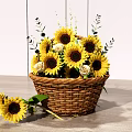 Beautiful Sunflowers and Roses Arrangement in Wicker Basket on Wooden Tabletop with White Wooden Wall