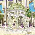 Luxurious Banquet Hall Interior With White Seats Table Settings Fresh Flowers And Chandeliers