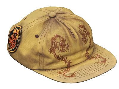 Beige Baseball Cap Featuring Brown Dragon Patterns and Skull Patch Design 3d model